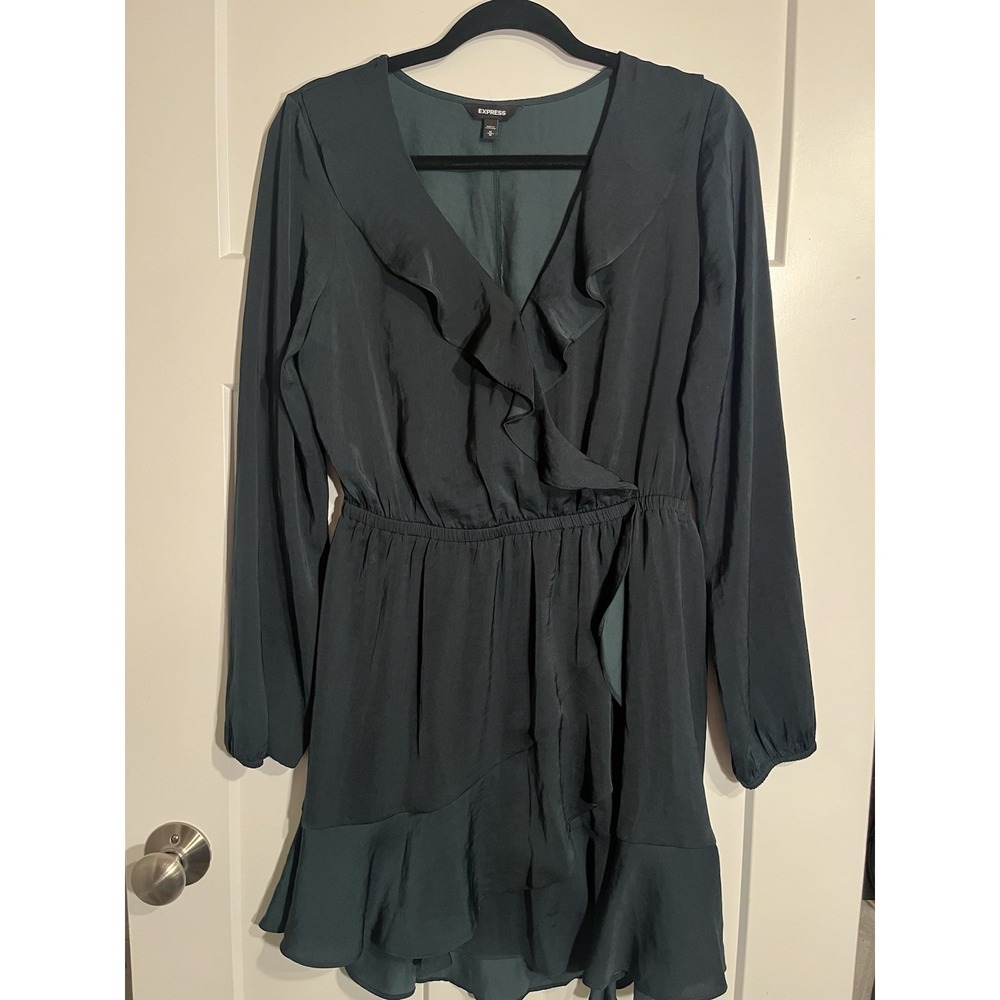Express Womens Medium Green Faux Wrap Ruffle Dress Long Sleeve Mini Polyester